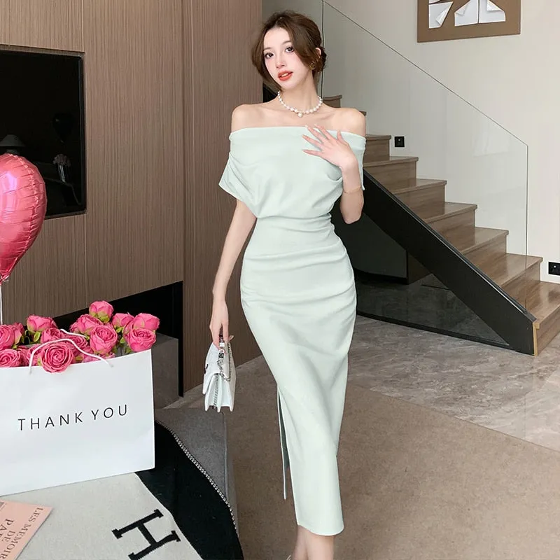 deanwangkt French Temperament Celebrity Wind Sexy Strapless Oblique Collar Dress Female Spring and Summer Slim Open Package Hip Long Dress