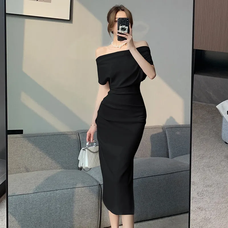 deanwangkt French Temperament Celebrity Wind Sexy Strapless Oblique Collar Dress Female Spring and Summer Slim Open Package Hip Long Dress