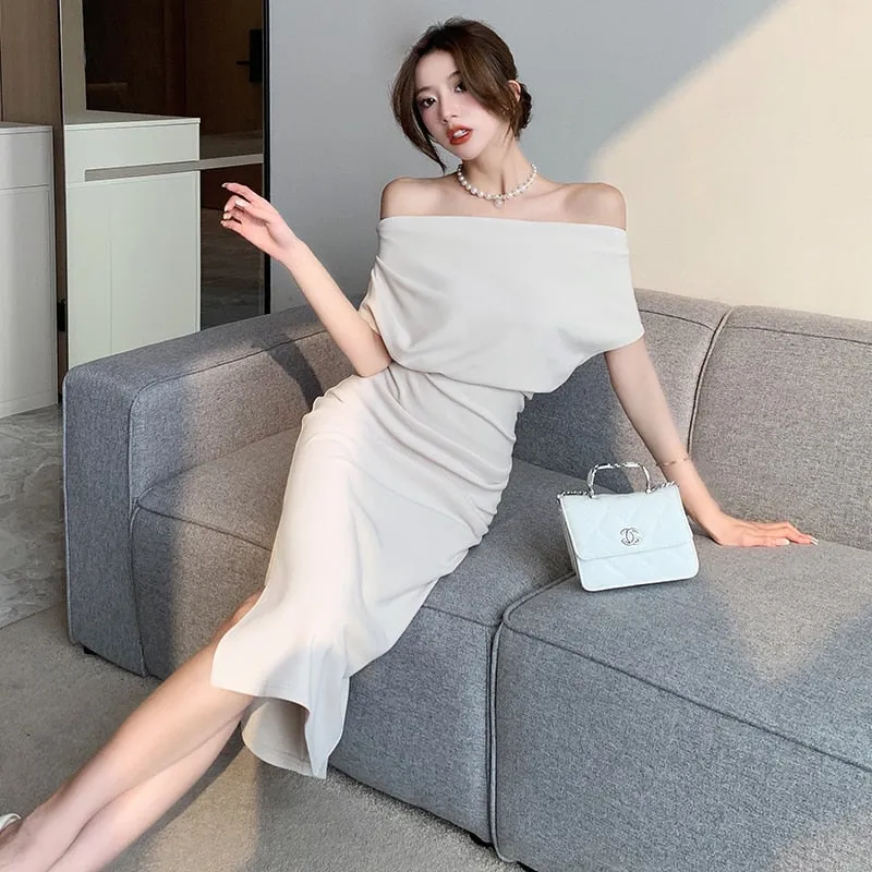 deanwangkt French Temperament Celebrity Wind Sexy Strapless Oblique Collar Dress Female Spring and Summer Slim Open Package Hip Long Dress