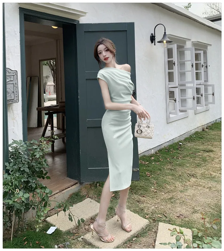 deanwangkt French Temperament Celebrity Wind Sexy Strapless Oblique Collar Dress Female Spring and Summer Slim Open Package Hip Long Dress