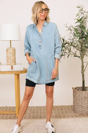 Denim Mini Shirt Dress (S-L)