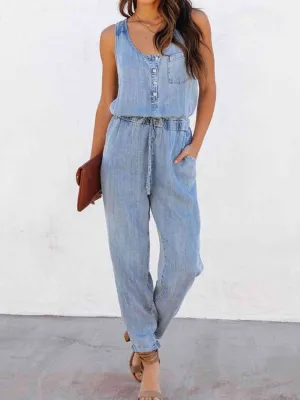 Drawstring Waist Sleeveless Jumpsuit