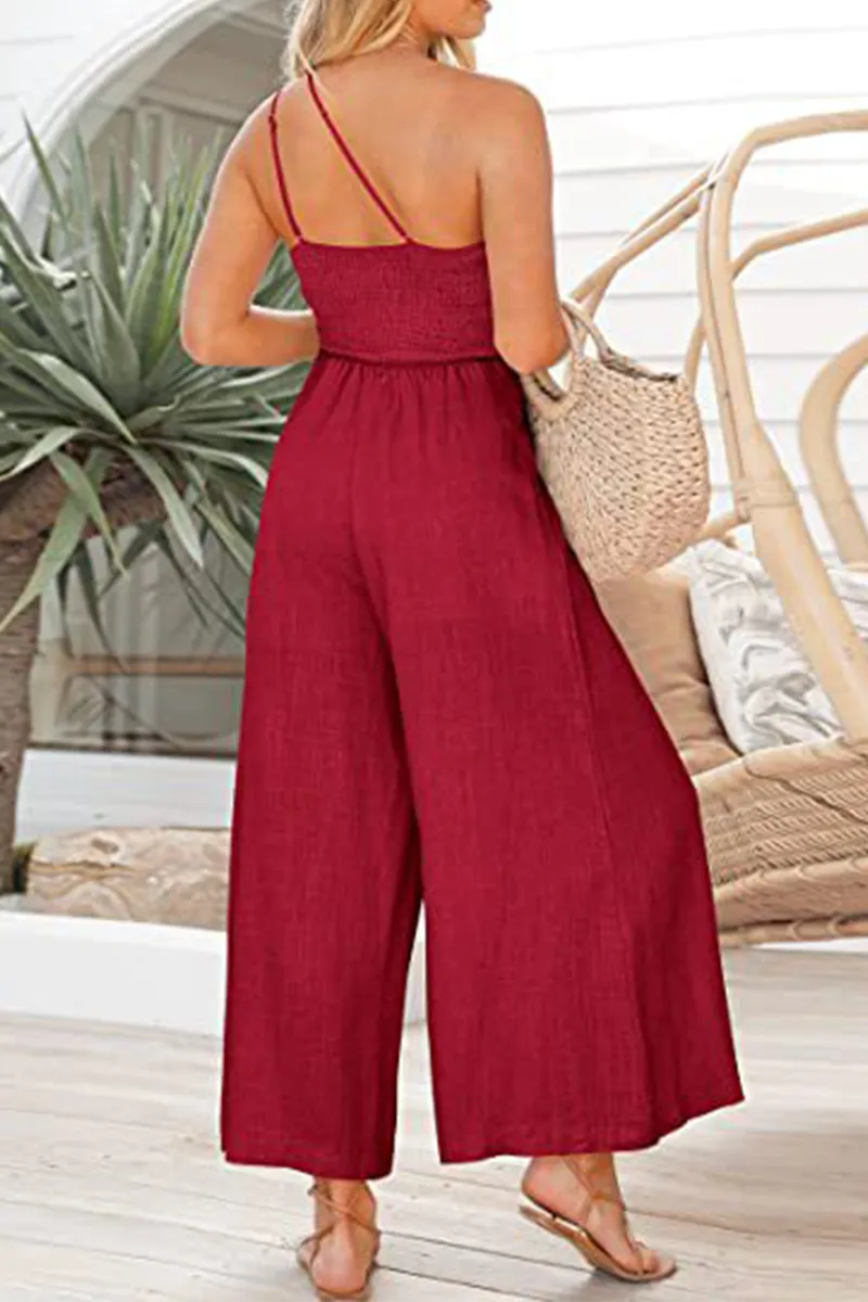 Fashion Solid Patchwork One Shoulder Straight Jumpsuits