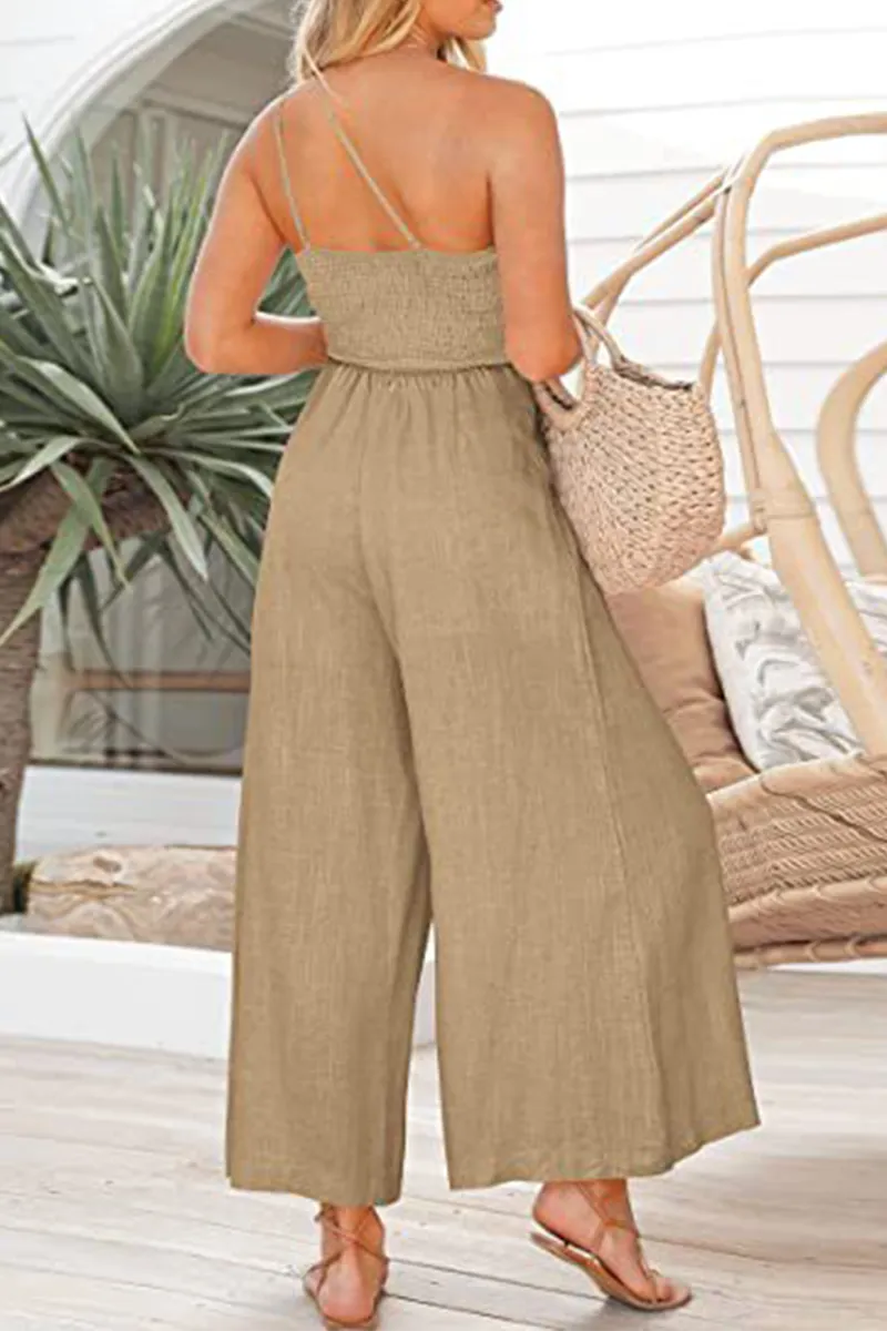 Fashion Solid Patchwork One Shoulder Straight Jumpsuits