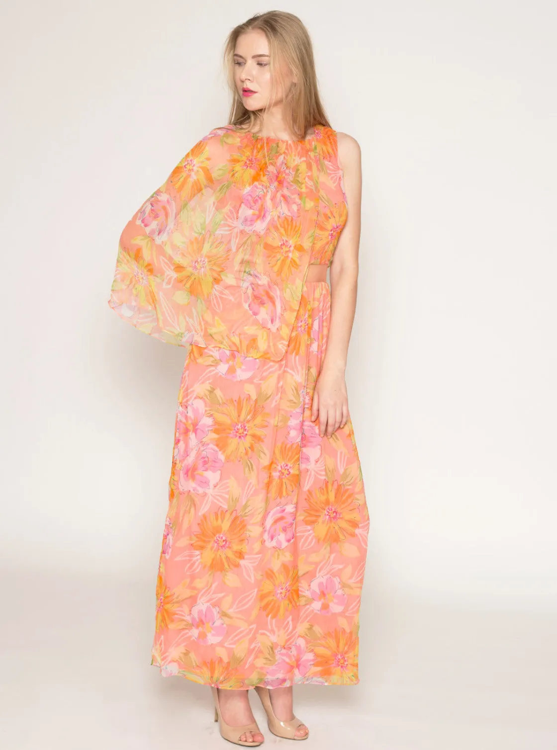 Floral print chiffon capelet sheer midriff dress