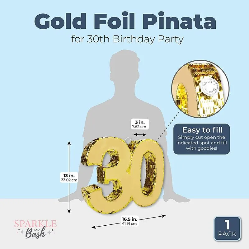 Gold Foil Pinata for 30th Birthday Party (16.5 x 13 In)