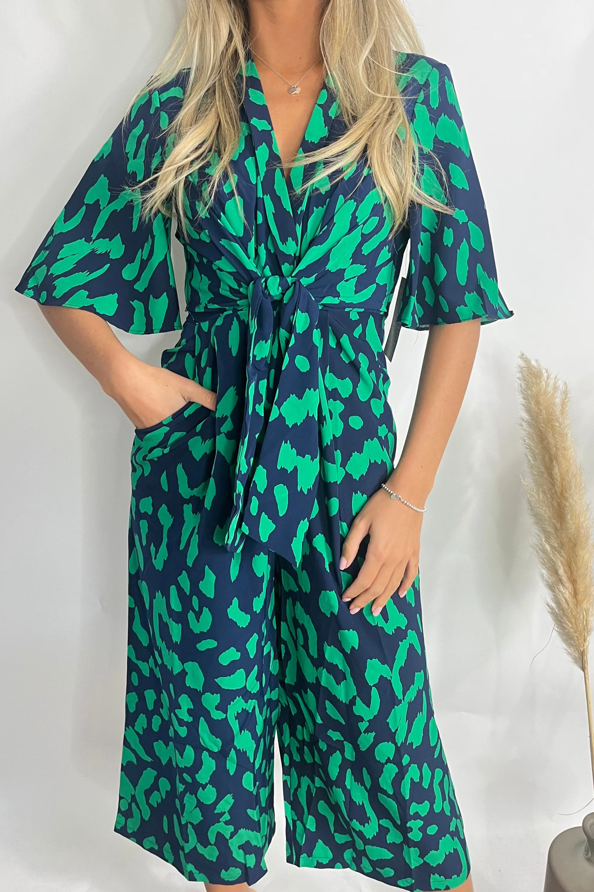 Green & Navy Printed Tie Front Wide Leg Jumpsuit