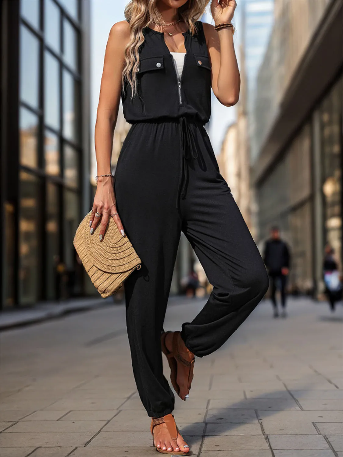 Half Zip Sleeveless Jumpsuit with Pockets