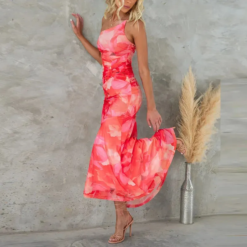 High Waist Slim Party Floral Print 's Long Elegant Off Shoulder Draped A-line Summer Asymmetric Dress