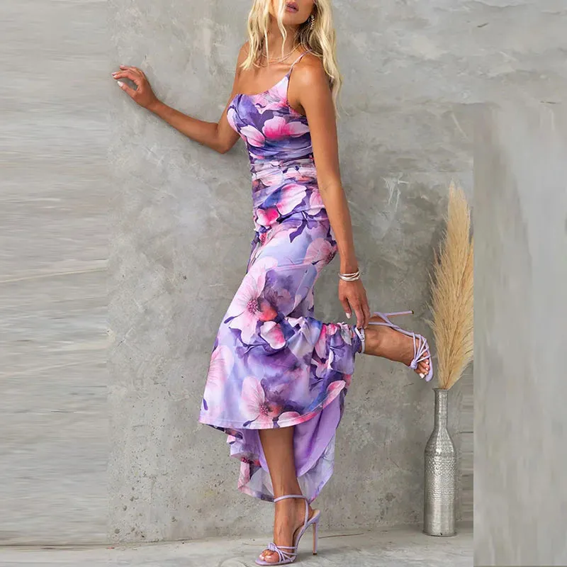 High Waist Slim Party Floral Print 's Long Elegant Off Shoulder Draped A-line Summer Asymmetric Dress