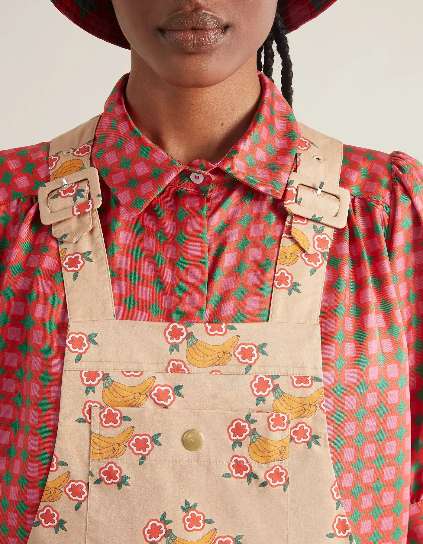 Jess Caramel Banana Print Cotton Dungarees