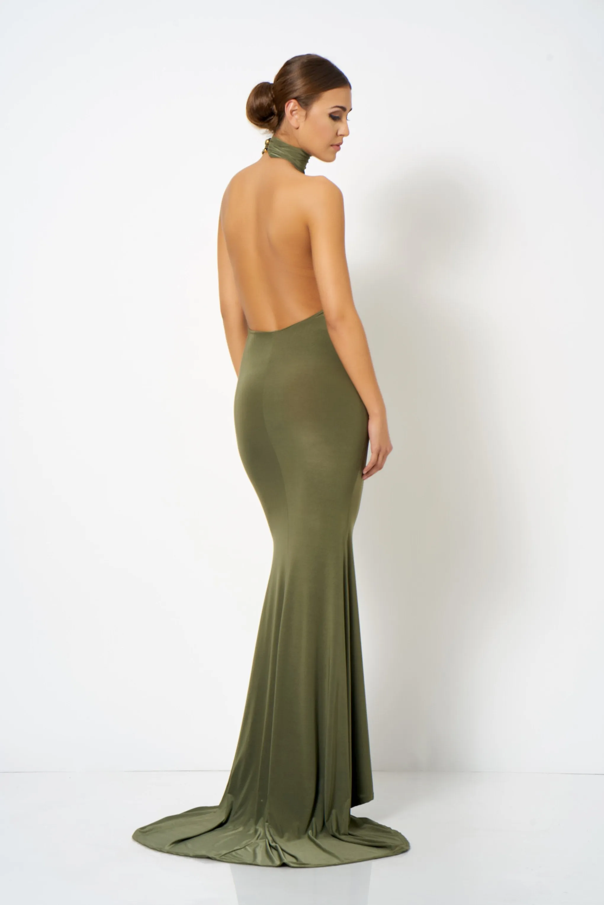 Khaki Backless Halter Neck Fishtail Maxi Dress