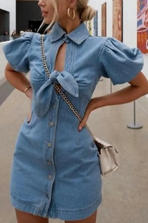 Knot Puff Sleeve Denim Mini Dress