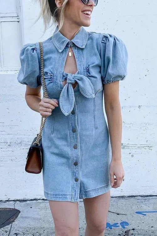 Knot Puff Sleeve Denim Mini Dress