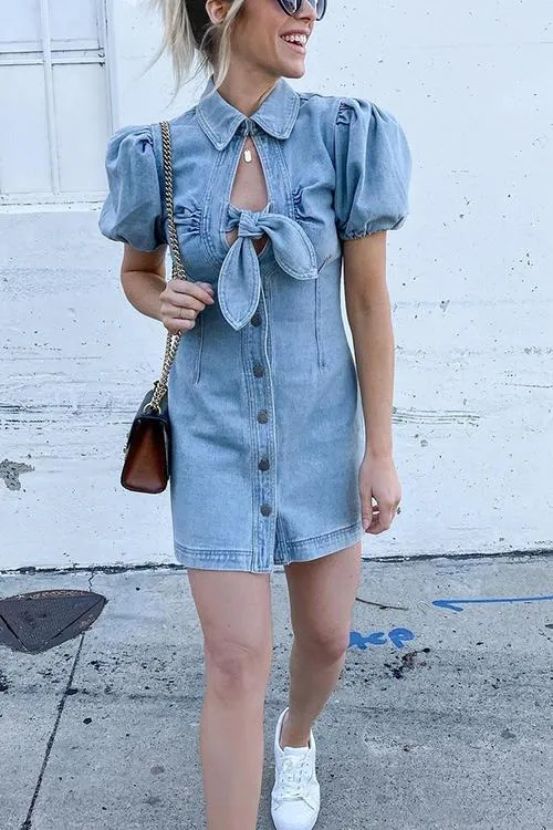 Knot Puff Sleeve Denim Mini Dress