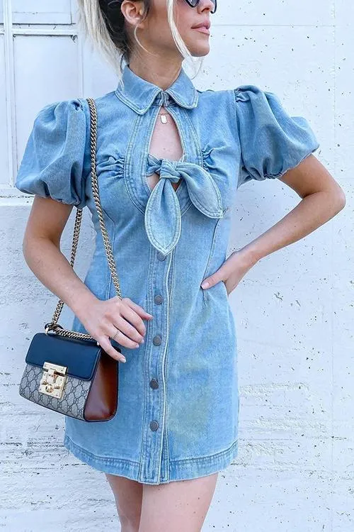 Knot Puff Sleeve Denim Mini Dress