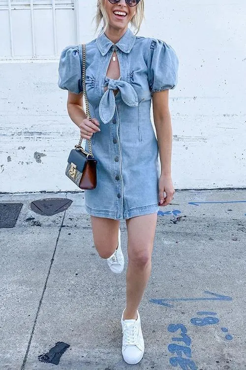 Knot Puff Sleeve Denim Mini Dress