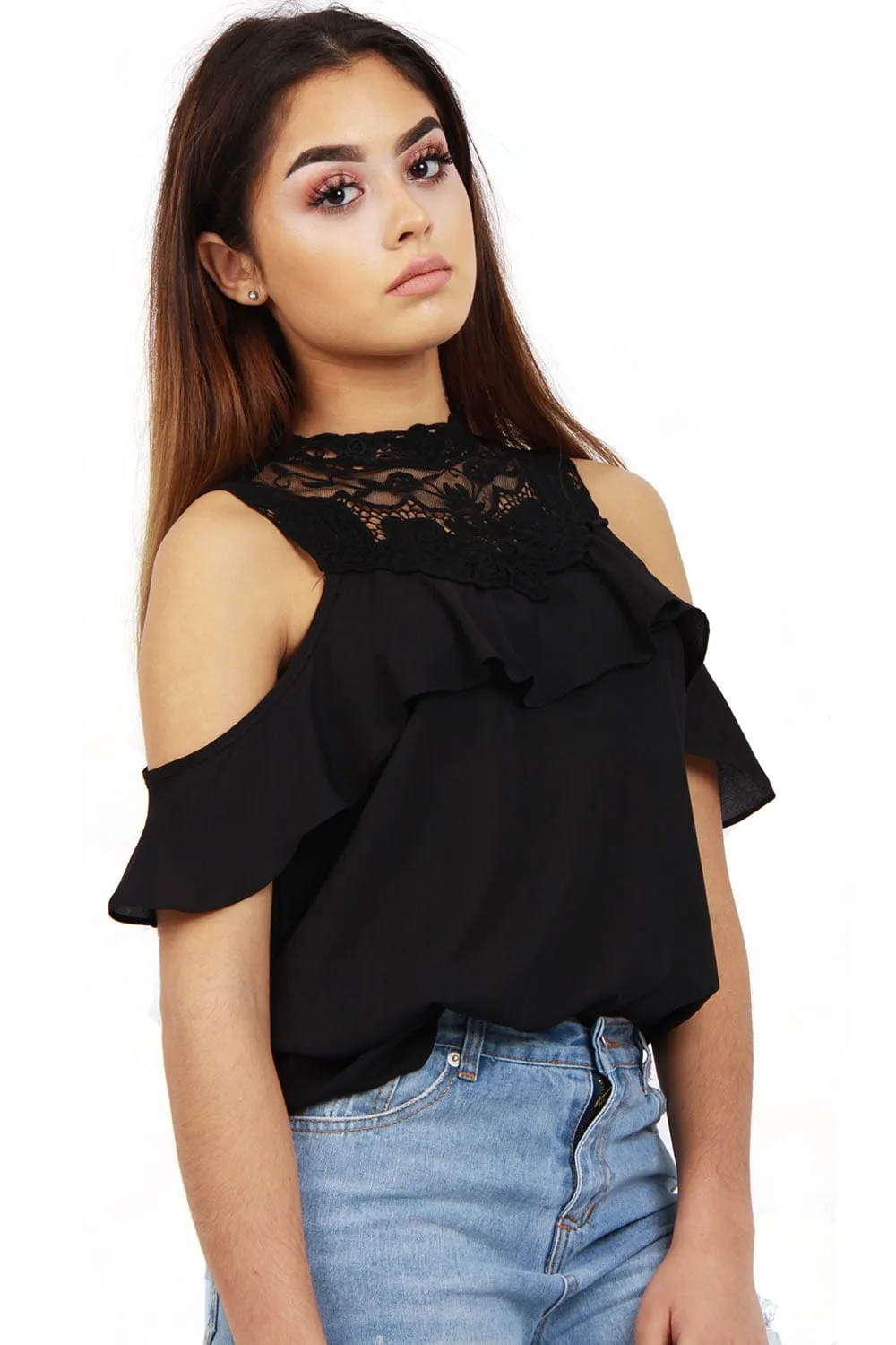 Lace Applique Ruffle Cold Shoulder Top