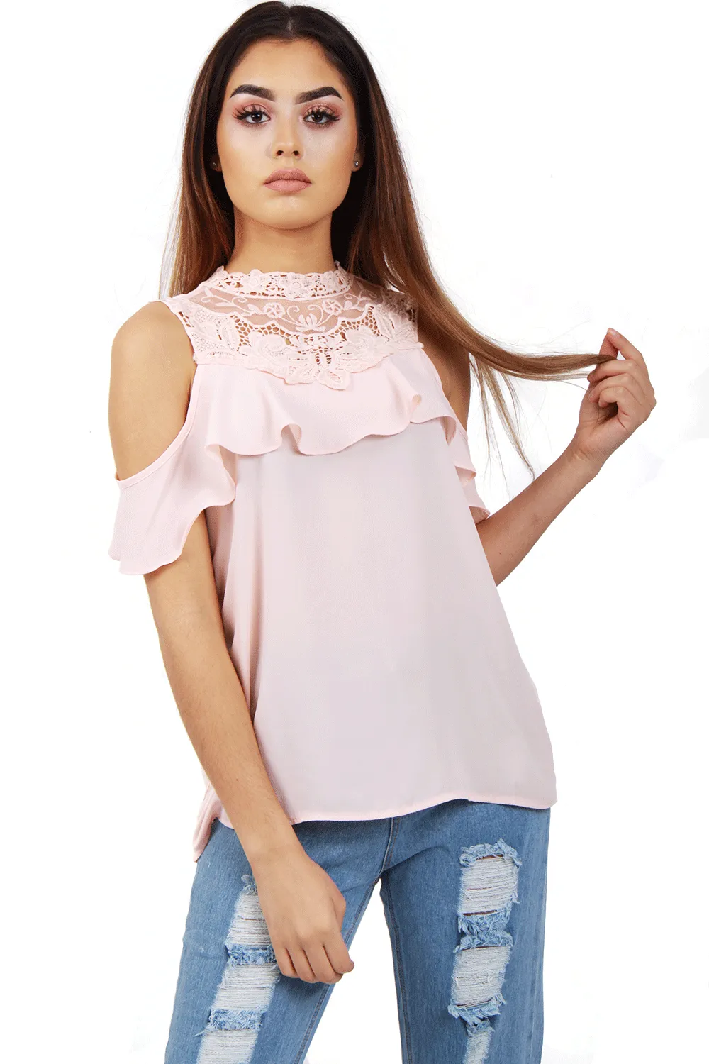 Lace Applique Ruffle Cold Shoulder Top