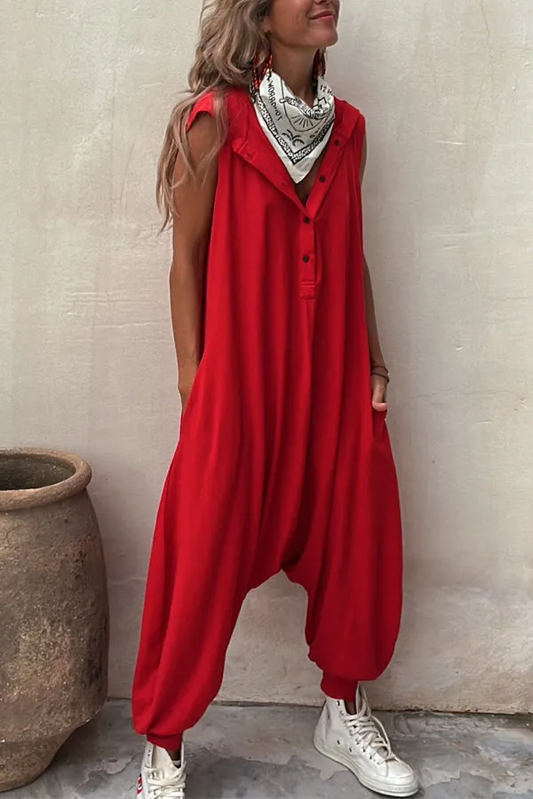 Let's Chill Pocketed Half Button Hooded Loose Jumpsuit