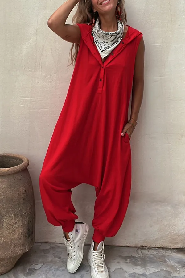 Let's Chill Pocketed Half Button Hooded Loose Jumpsuit