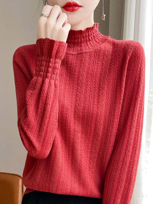 Long Sleeves Loose Elasticity Ruffle Trim Solid Color Mock Neck T-Shirts Tops