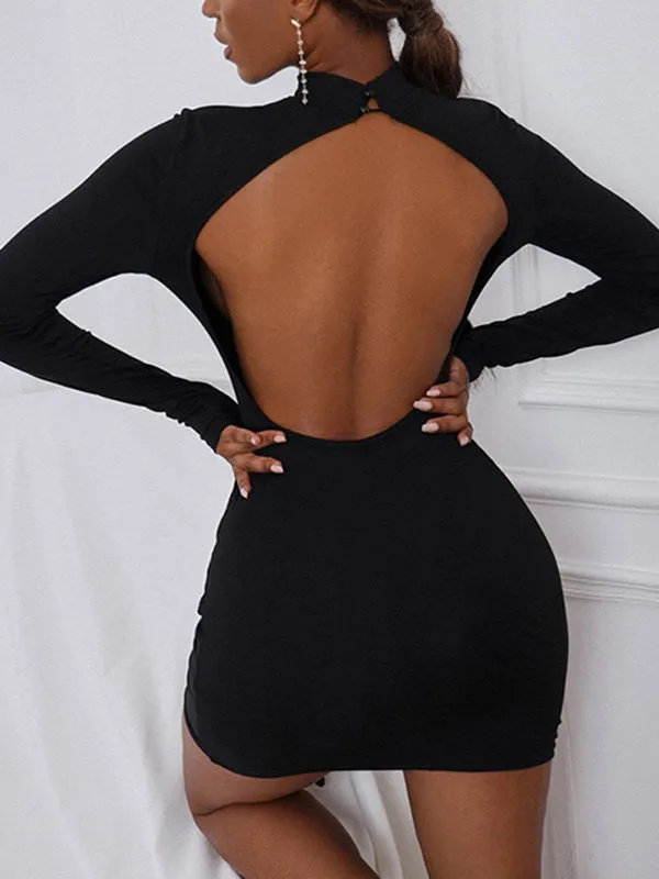 Long Sleeves Skinny Asymmetric Backless Drawstring Solid Color Tied High Neck Mini Dresses