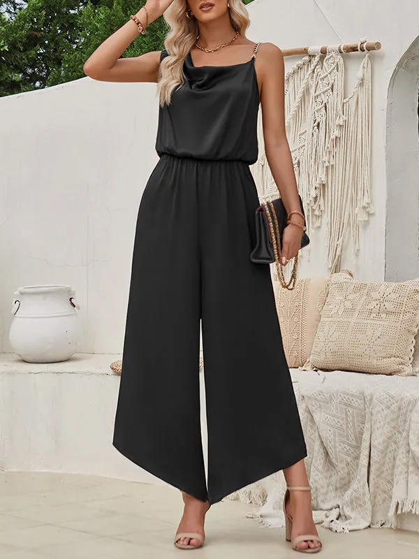 Loose Sleeveless Asymmetric Chains Elasticity Asymmetric Collar Jumpsuits