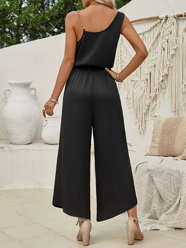 Loose Sleeveless Asymmetric Chains Elasticity Asymmetric Collar Jumpsuits