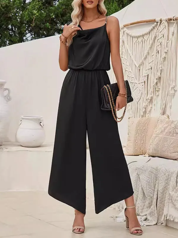 Loose Sleeveless Asymmetric Chains Elasticity Asymmetric Collar Jumpsuits