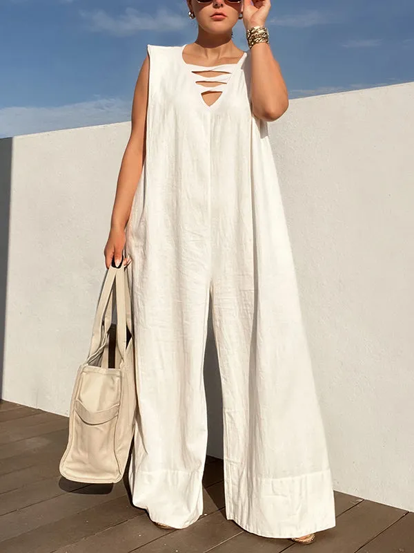 Loose Sleeveless Hollow Solid Color V-Neck Jumpsuits