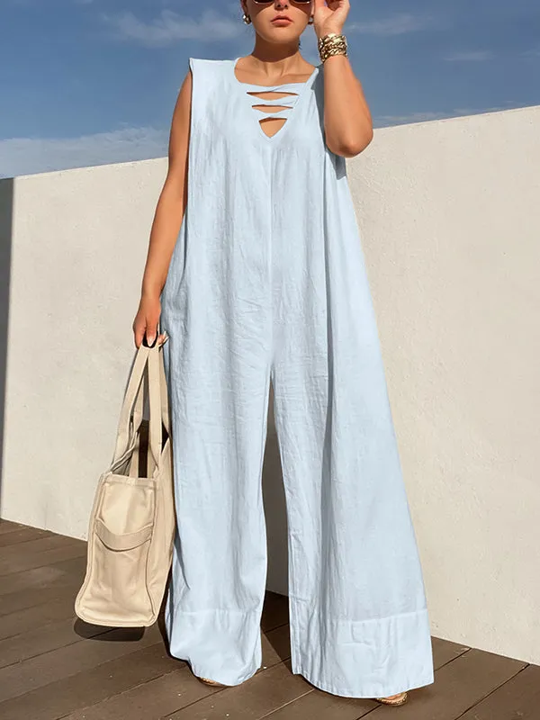 Loose Sleeveless Hollow Solid Color V-Neck Jumpsuits