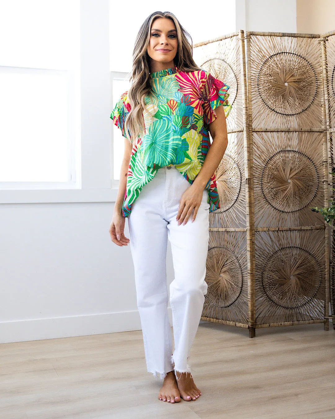 Mariah Bright Floral Ruffle Neck and Sleeve Top FINAL SALE