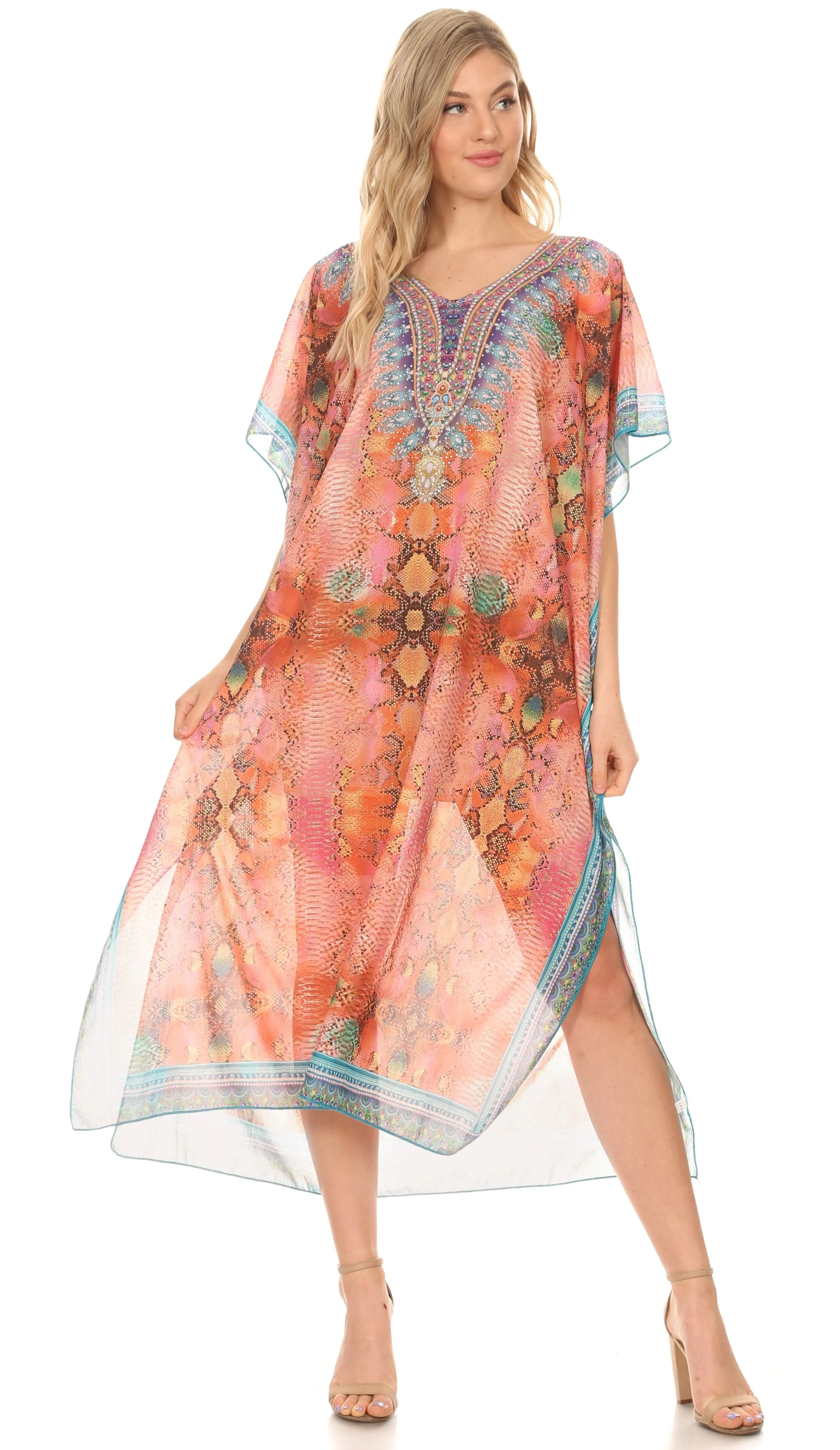 MKY Astryd Women's Flowy Maxi Long Caftan Dress Cover Up with Rhinestone