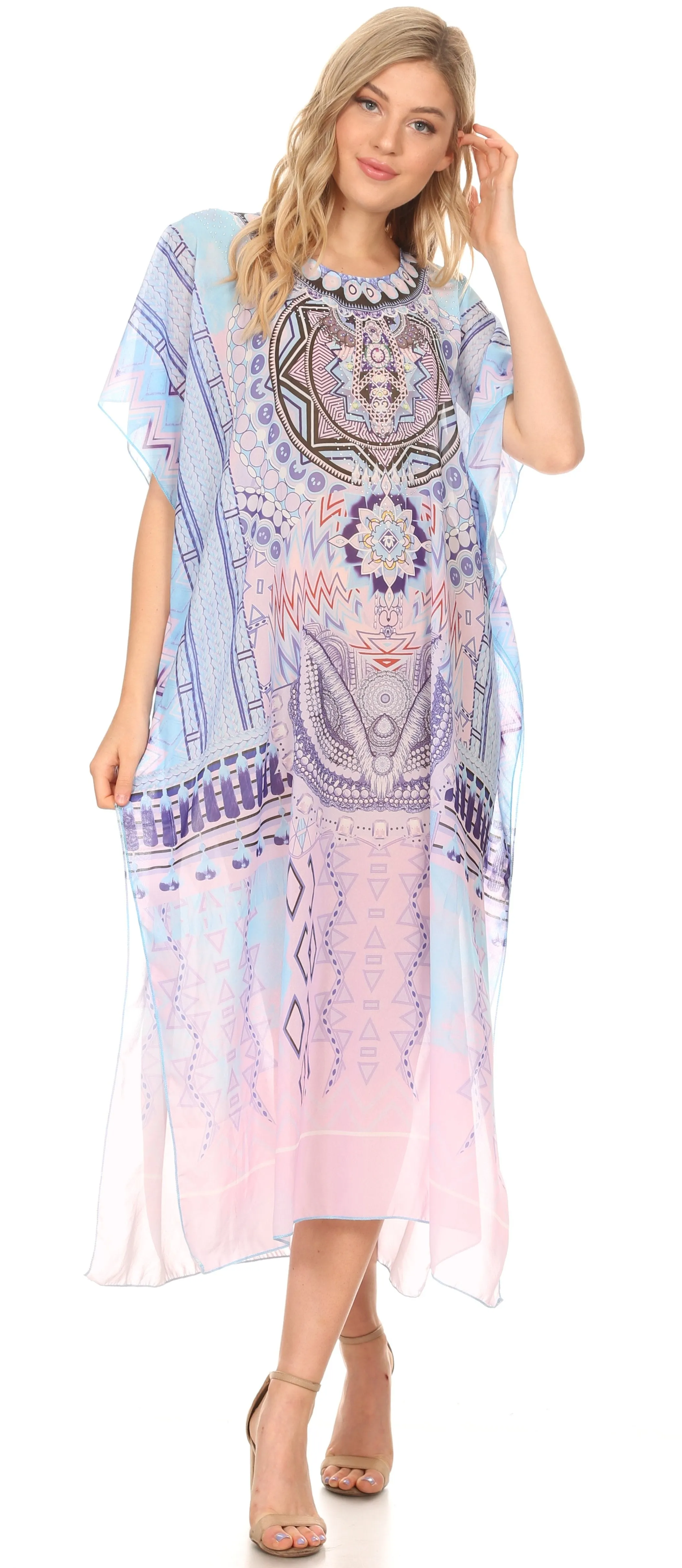 MKY Astryd Women's Flowy Maxi Long Caftan Dress Cover Up with Rhinestone