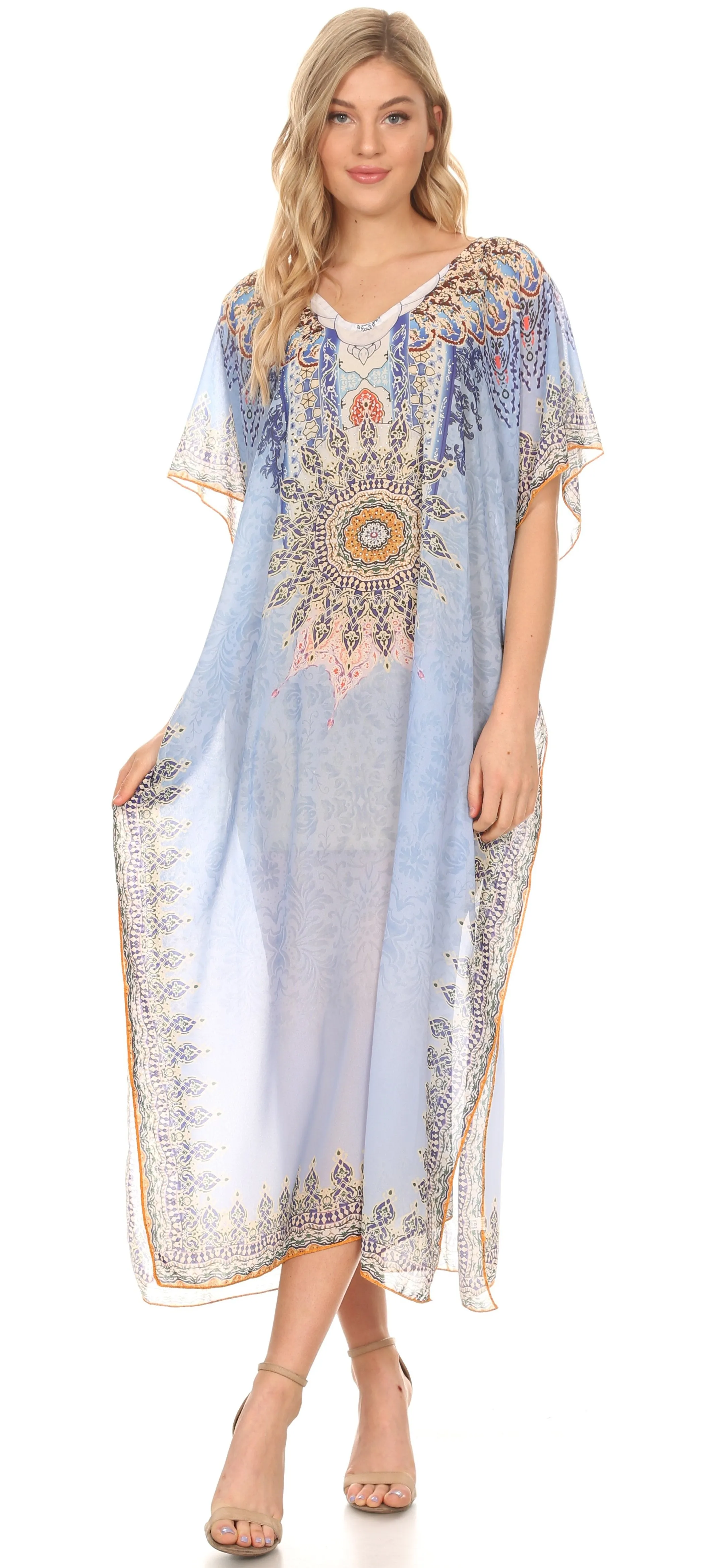 MKY Astryd Women's Flowy Maxi Long Caftan Dress Cover Up with Rhinestone