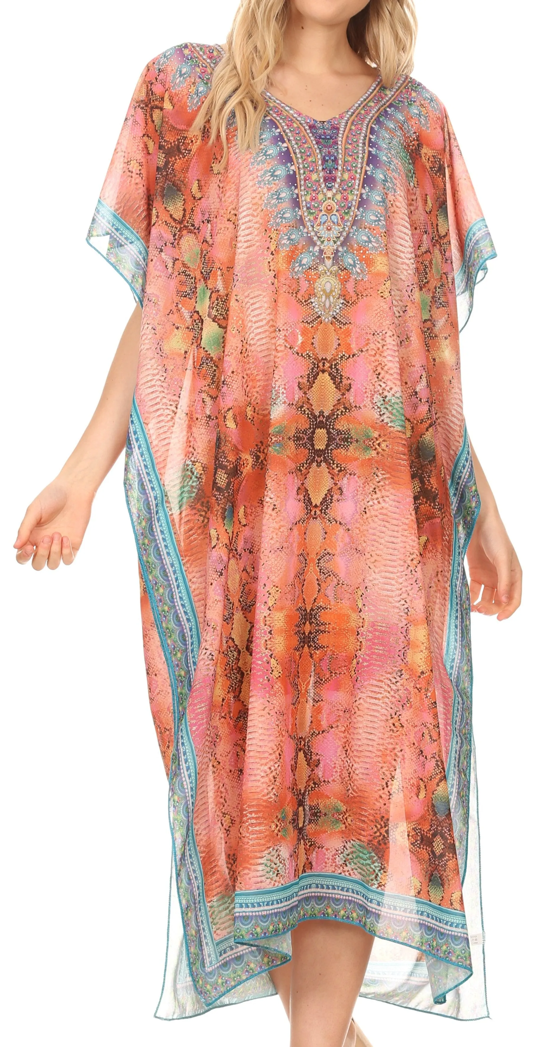 MKY Astryd Women's Flowy Maxi Long Caftan Dress Cover Up with Rhinestone