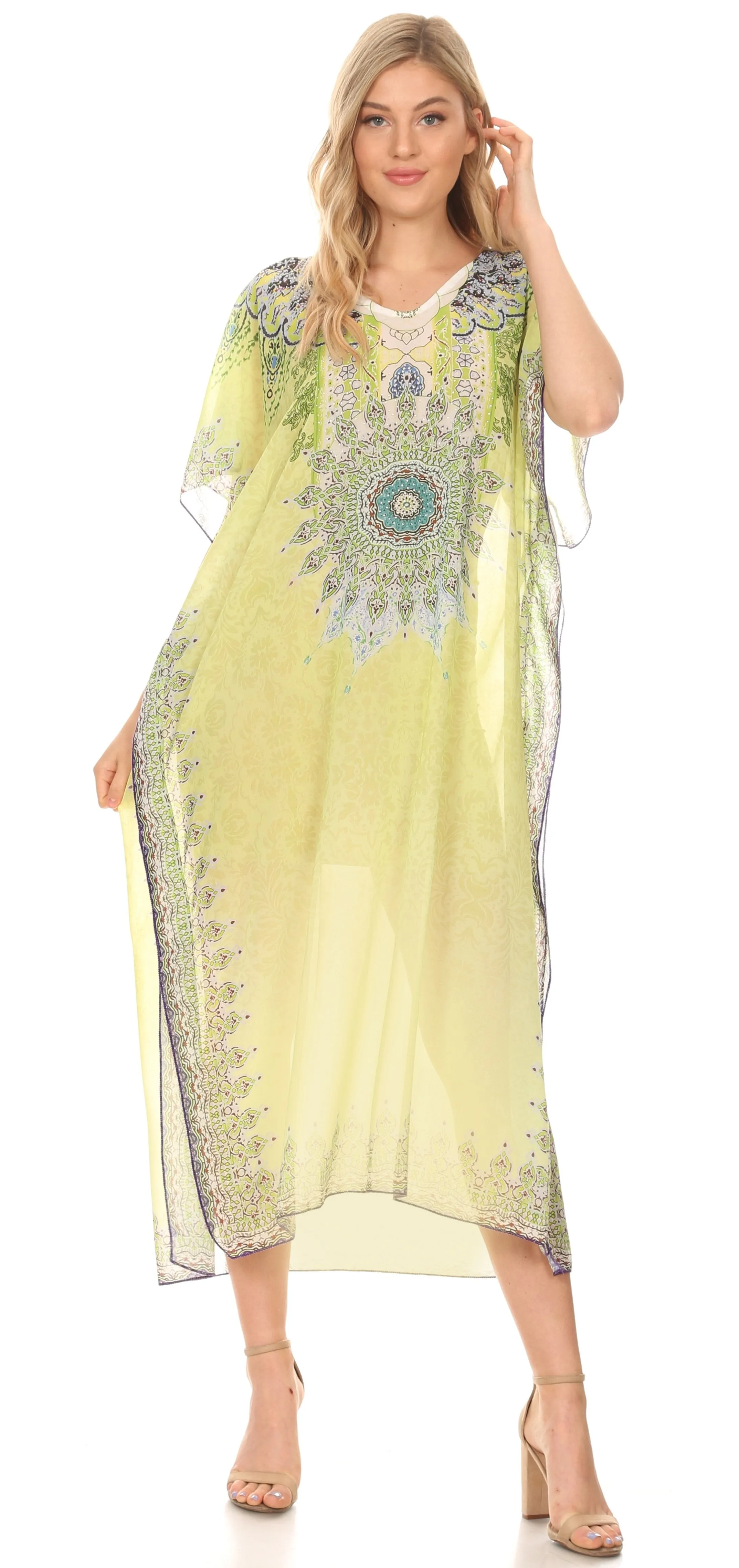 MKY Astryd Women's Flowy Maxi Long Caftan Dress Cover Up with Rhinestone