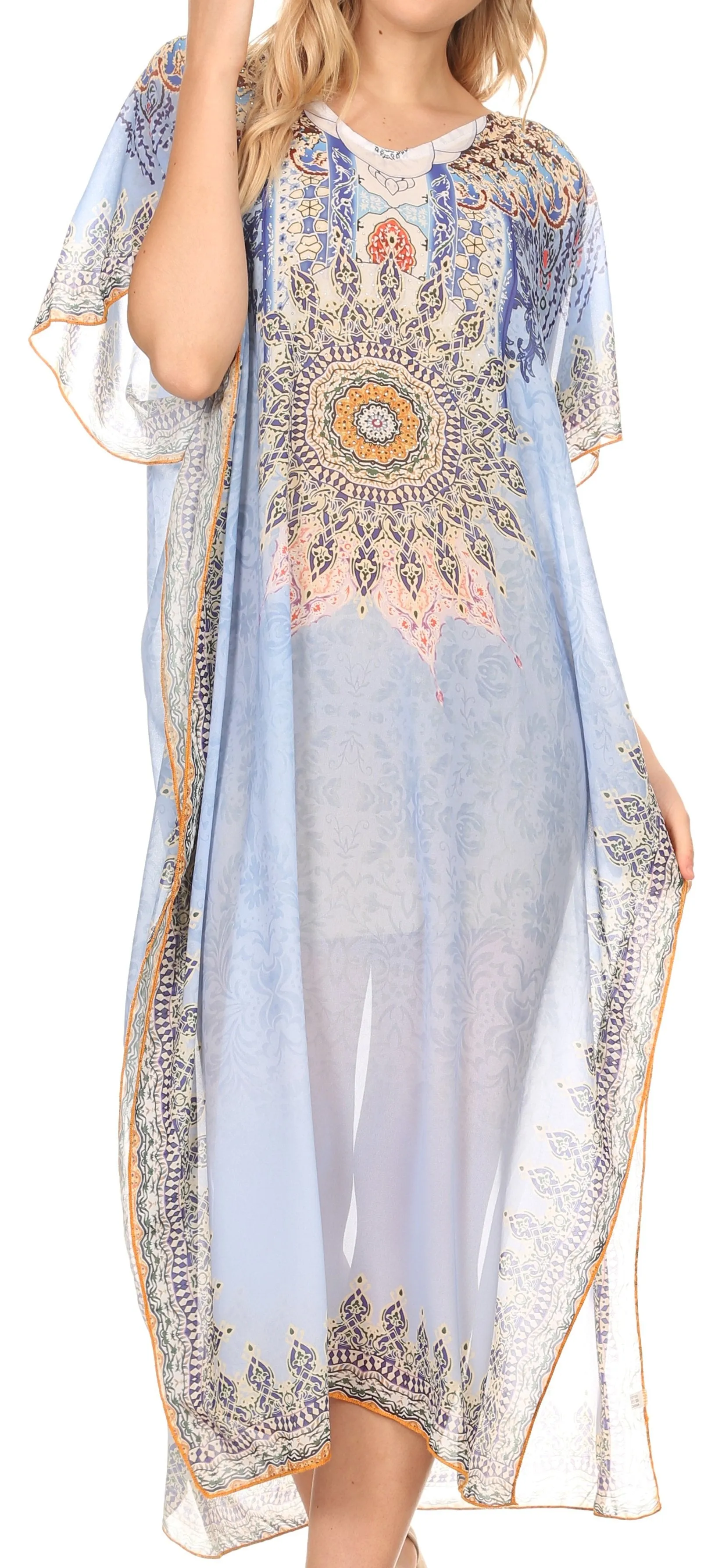 MKY Astryd Women's Flowy Maxi Long Caftan Dress Cover Up with Rhinestone