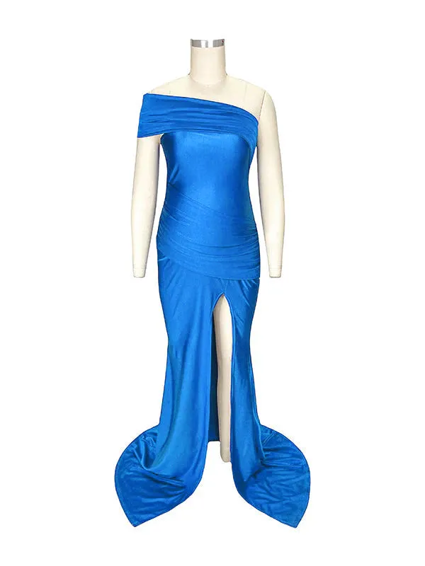 Momnfancy Blue Irregular One-shoulder Side Slit Mermaid Backless Asymmetric Shoulder Party Boy Baby Shower Maternity Maxi Dress