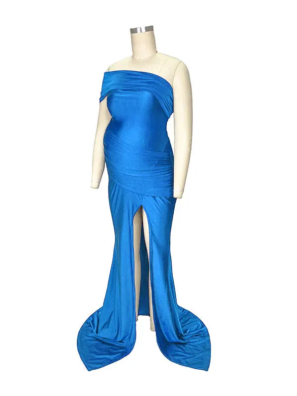 Momnfancy Blue Irregular One-shoulder Side Slit Mermaid Backless Asymmetric Shoulder Party Boy Baby Shower Maternity Maxi Dress