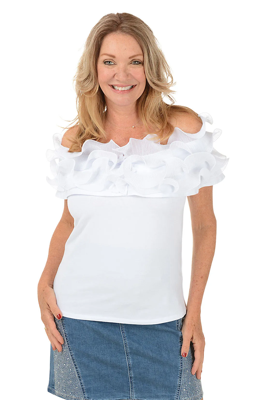 Off-Shoulder Pleated Ruffle Neck Top