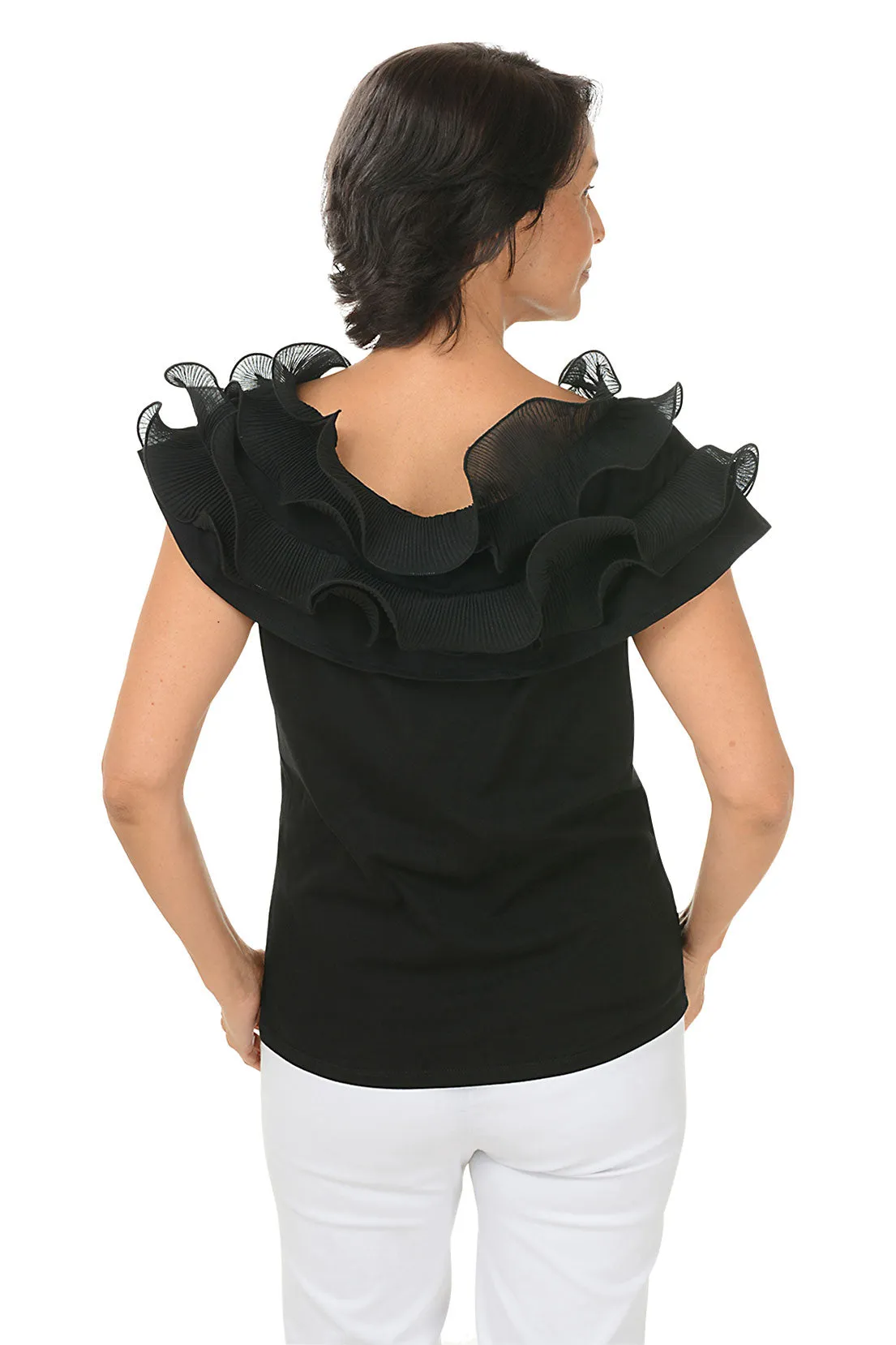 Off-Shoulder Pleated Ruffle Neck Top