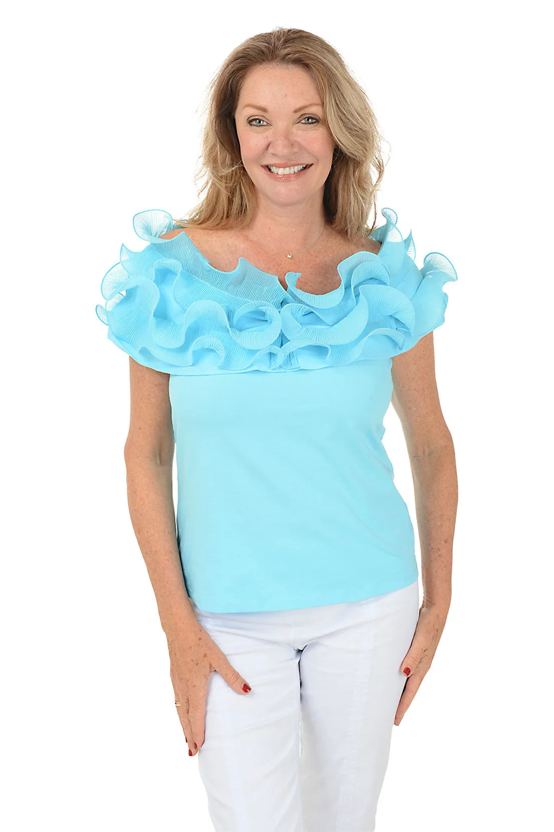 Off-Shoulder Pleated Ruffle Neck Top