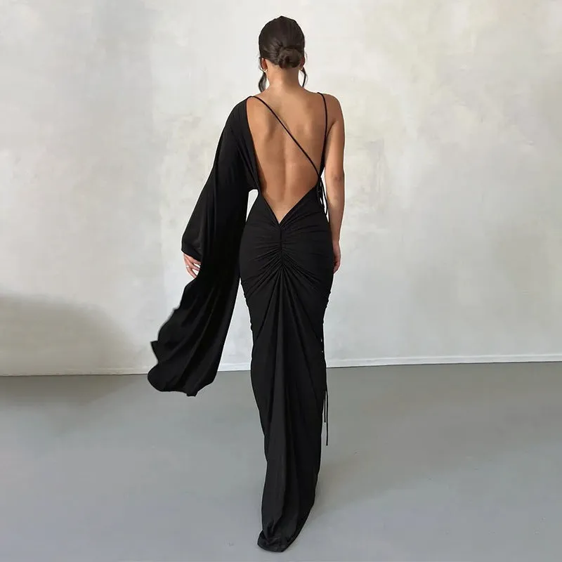 One Shoulder Sleeve Sexy Low Cut Backless Evening Dress for Women