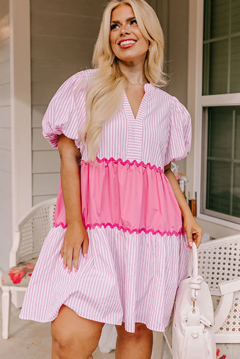 Pink Ric Rac Puff Short Sleeve Striped Flowy Plus Dress