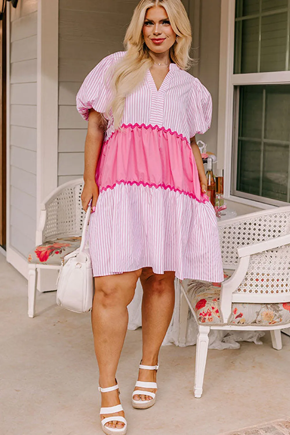 Pink Ric Rac Puff Short Sleeve Striped Flowy Plus Dress