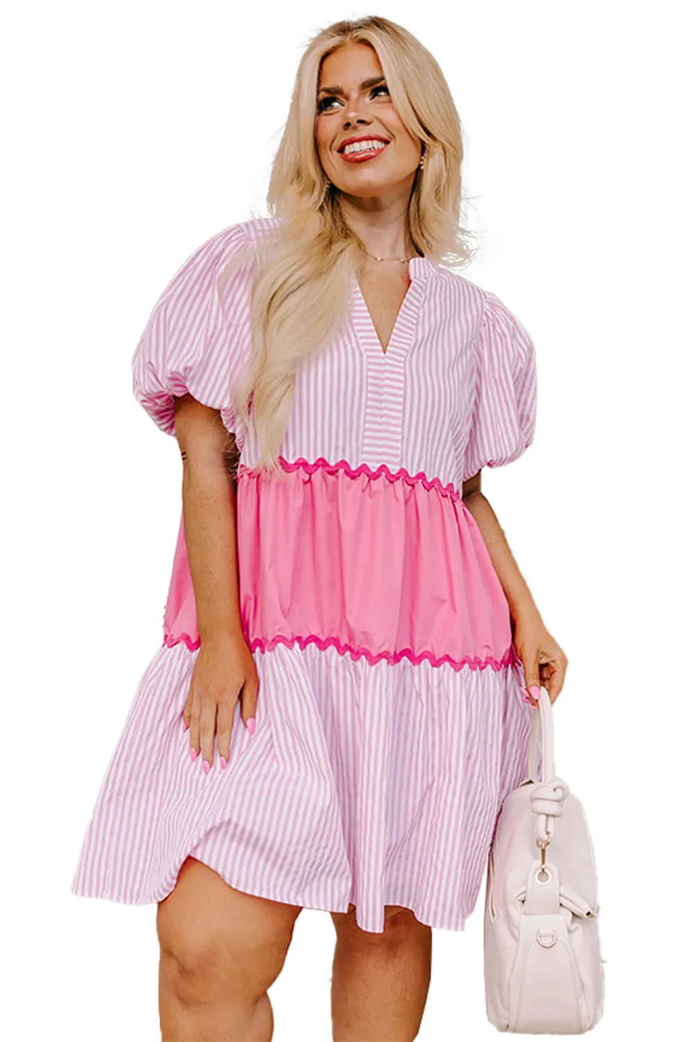 Pink Ric Rac Puff Short Sleeve Striped Flowy Plus Dress