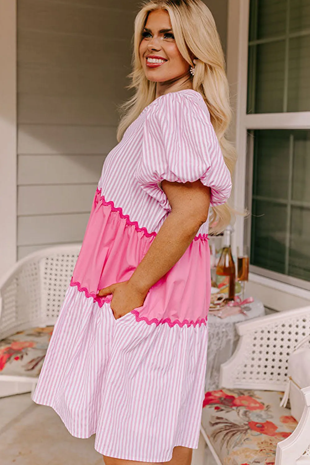 Pink Ric Rac Puff Short Sleeve Striped Flowy Plus Dress