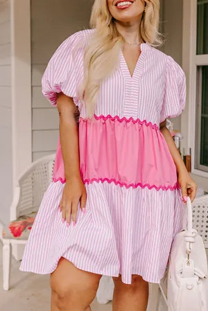 Pink Ric Rac Puff Short Sleeve Striped Flowy Plus Dress